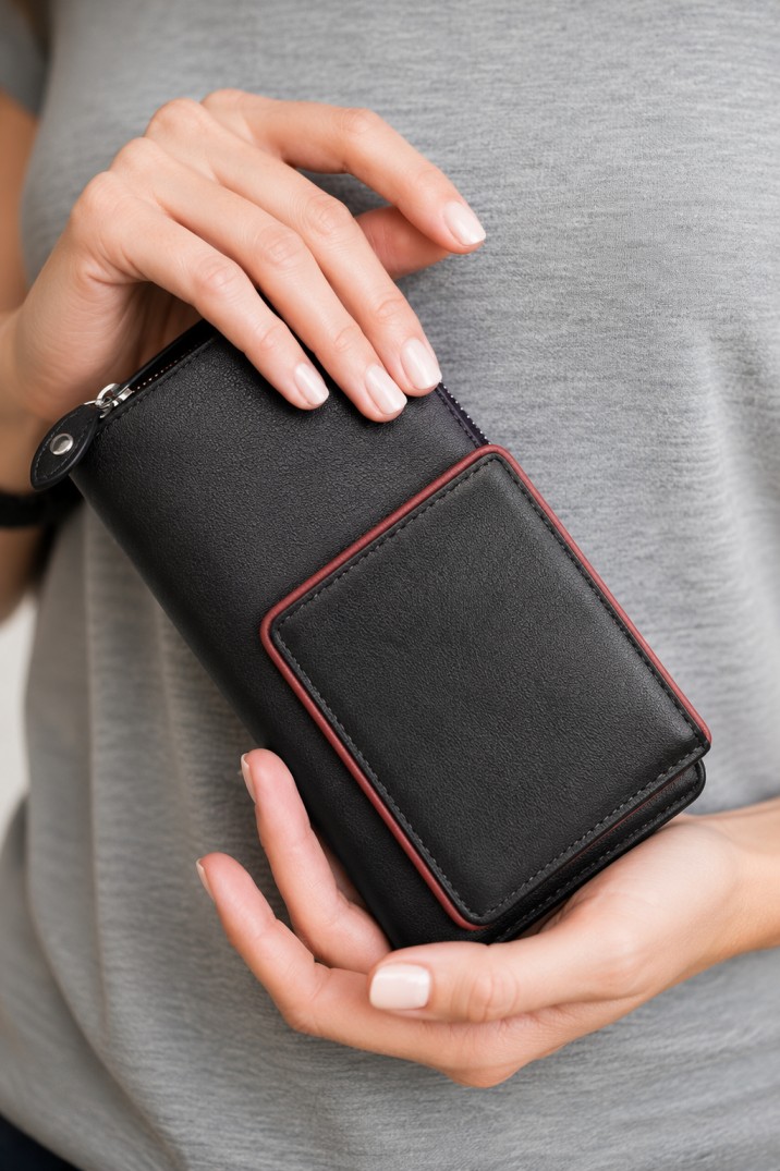 Leather Ladies Wallets – Design W5-Black/Red - Image 2