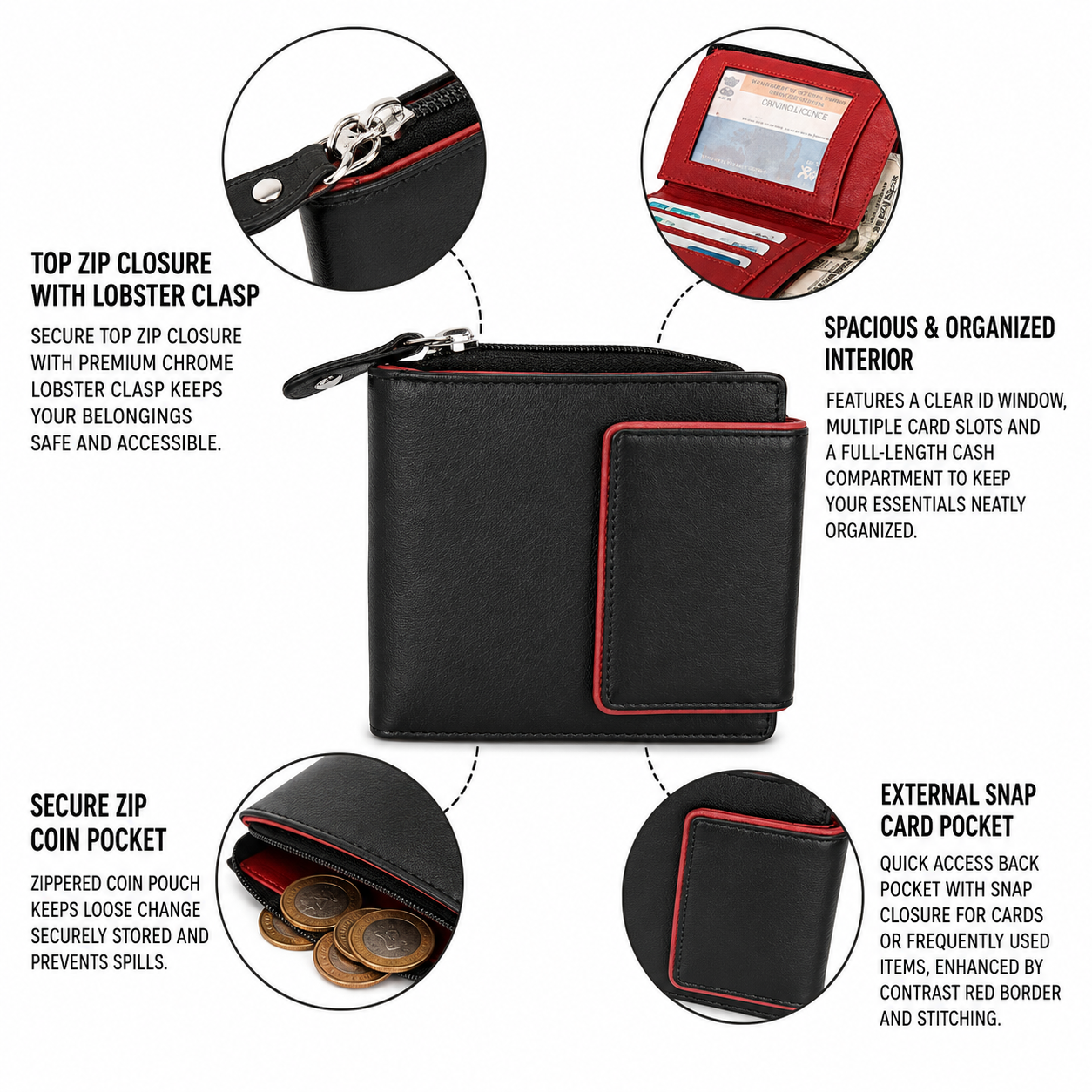 Leather Ladies Wallets – Design W5-Black/Red - Image 4